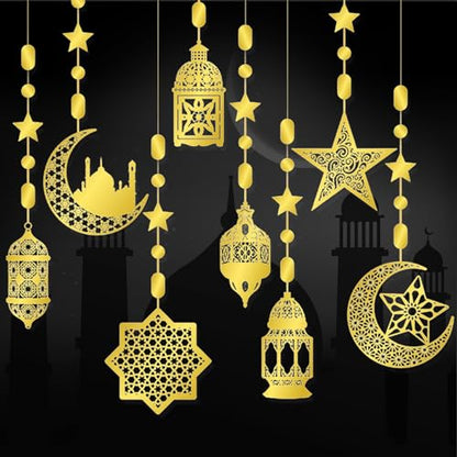 16 Pcs Ramadan Decorations, Ramadan Home Hollow Banner Hanging Moon Stars Lantern Pattern for Birthday Festival Wedding and Party Wall Decor