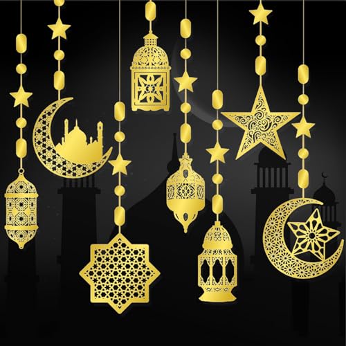 16 Pcs Ramadan Decorations, Ramadan Home Hollow Banner Hanging Moon Stars Lantern Pattern for Birthday Festival Wedding and Party Wall Decor