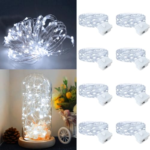 8 Pack Fairy Lights Battery Operated, 7ft 20 LED 3 Modes Speed Twinkle Mini String Lights Waterproof Silver Wire Firefly Starry Lights for Mason Jars Wedding Party Christmas Decorations - color: White, size: 8 Pack