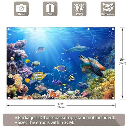 12x8ft Under The Sea Photography Backdrop Ocean Background | Underwater World, Baby Shower Party Supplies, Aquarium Coral Banner, Birthday Photo Booth, Polyester, Grommets, 1PC - size: 12'x8'