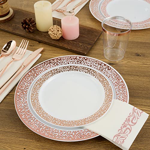 FOCUSLINE 175 Ct Rose Gold Dinnerware Set for 25 Guests, Plastic Plates with Rose Gold Lace Rim Design, Including 25 Disposable Dinner & Dessert Plates, Cups, Napkins, Cutlery Set - color: Rose Gold Dinnerware Set