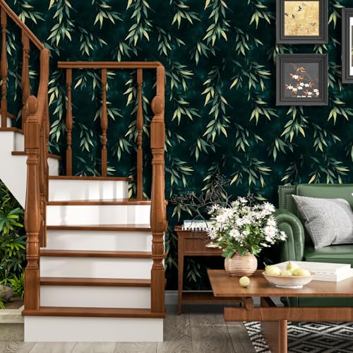 Dark Green Gold Bamboo Leaves Peel and Stick Wallpaper 17.5" x 118" | Self-Adhesive, Removable Waterproof Contact Paper for Bedroom, Bathroom, Cabinets, Accent Wall, Laundry Room - color: Teal Green/Gold, size: 17.5" x 118"