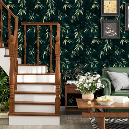 Dark Green Gold Bamboo Leaves Peel and Stick Wallpaper 17.5" x 393" | Extra Long Self-Adhesive, Removable Waterproof Contact Paper for Bedroom, Bathroom, Cabinets, Accent Wall, Laundry Room - color: Teal Green/Gold, size: 17.5" x 393"