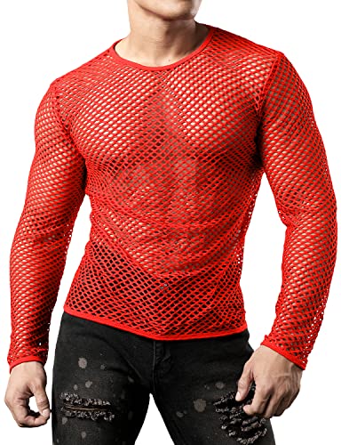 JOGAL Mens Fishnet Mesh Long Sleeve Shirt Fitted Muscle Top - color: Red, size: XX-Large