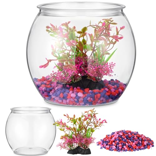 1 Gallon Plastic Fish Bowl,Red,Red Aquatic Plant | with Artificial Plastic Plant and 1lb Decorative Gravel, Clear Round Goldfish Fish Tank for Table Centerpiece Home Decor - color: clear, style: Red Aquatic Plant