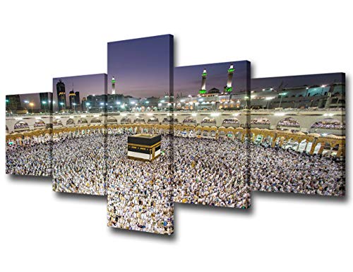 Mecca Canva Wall Art Saudi Arabia Building Muslim Pilgrims Painting Islamic Religion Holy Prints Picture 5 Piece Artwork Modern Home Decor Living Room Wooden Framed Ready to Hang(50Wx24H inches) - color: Artwork-07, size: 50''Wx24''H