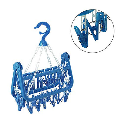 SteelFever Clothes Drying Hanger with 32 Clips, Foldable Hanging Drying Rack for Clothes Underwear Socks (Blue) - color: Blue