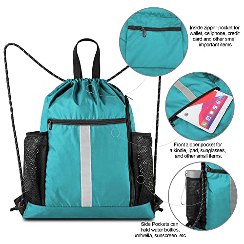 BeeGreen Teal String Backpack Bag Cinch Sack with Shoe Compartment and Two Zipper Pockets and Two Side Mesh Pockets Lightweight Large Drawstring Gym Sackpack for Men and Women - color: Teal, style: Drawstring With Shoe Compartment