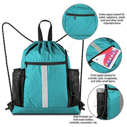 BeeGreen Teal String Backpack Bag Cinch Sack with Shoe Compartment and Two Zipper Pockets and Two Side Mesh Pockets Lightweight Large Drawstring Gym Sackpack for Men and Women - color: Teal, style: Drawstring With Shoe Compartment