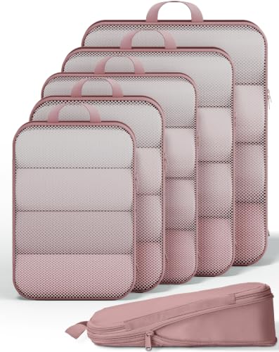 Veken 6/9/11 Set Compression Packing Cubes for Travel Essentials,Compressible Expandable Luggage Suitcase Organizer Bags for Clothing,Space Saver Bags with Over 1000 pcs of Mesh Holes(Light Coral) - color: Light Coral, size: 6 set