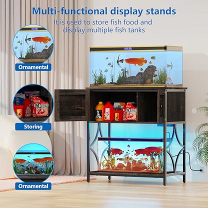 20-29 Gallon Fish Tank Stand, Aquarium Stand with Power Outlets &LED Light, Metal Frame Fish Tank Stand with Cabinet Accessories Storage, 30.7" L*15.7" W Tabletop, 330LBS Capacity, Dark Oak - color: Dark Oak