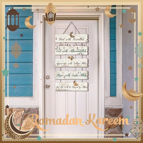 Patelai 5 Pcs Eid Ramadan Islamic Wooden Wall Decor Eid Decorations for Home Start and End with Allah Wall Art Allah Pediment Inspirational Hanging Plaque Wreath for Islamic Muslim Supply(White)