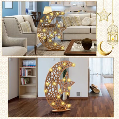 DoubleFill Eid Mubarak Ramadan Crescent Moon Star Light 27.56 x 20.67 Inches LED Wooden Ramadan Mubarak Decoration Eid Gift for Home Bedroom Floor Yard Lawn Islamic Outdoor Decor(Classic) - style: Classic