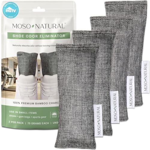 Moso Natural Shoe Deodorizer Inserts (2 Pack) Charcoal Odor Absorber for Shoes, Gym Bag & Boot Deodorizer, Unscented Shoe Odor Elimination, Air Purifying Bags, Lasts 2 Years (4 Bags) - style: 2 Pack (4 Total) Charcoal