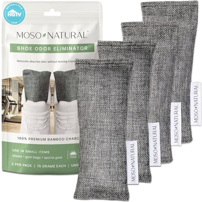 Moso Natural Shoe Deodorizer Inserts (2 Pack) Charcoal Odor Absorber for Shoes, Gym Bag & Boot Deodorizer, Unscented Shoe Odor Elimination, Air Purifying Bags, Lasts 2 Years (4 Bags) - style: 2 Pack (4 Total) Charcoal