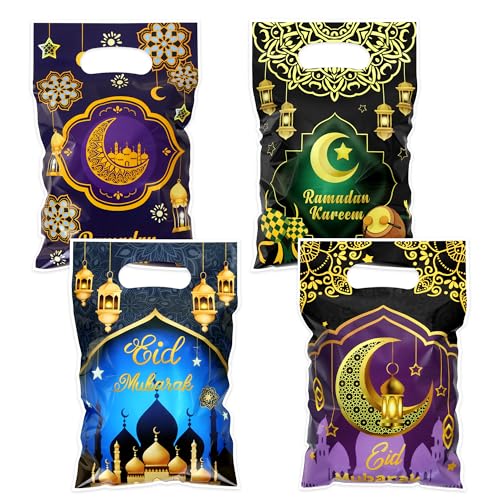 50pcs Eid Mubarak Gift Bags with Die Cut Handles, 4 designs - Golden Crescent Moon Lantern Muslim Mosque Print Goodie Candy Snack Plastic Gift Bags Pouch for Eid Al-fitr Ramadan Islamic Diwali Party
