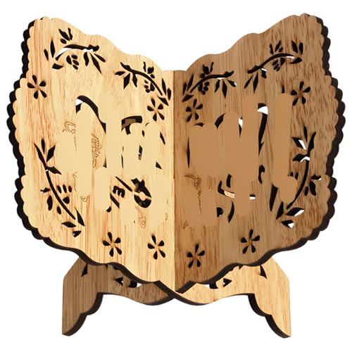 Wood Grain Quran Holder Book Stand, Poplar Wood, Hollow Carved Design, Retro Desktop Reading Stand, Stable Support for Adults, 5.1 x 7.6 in