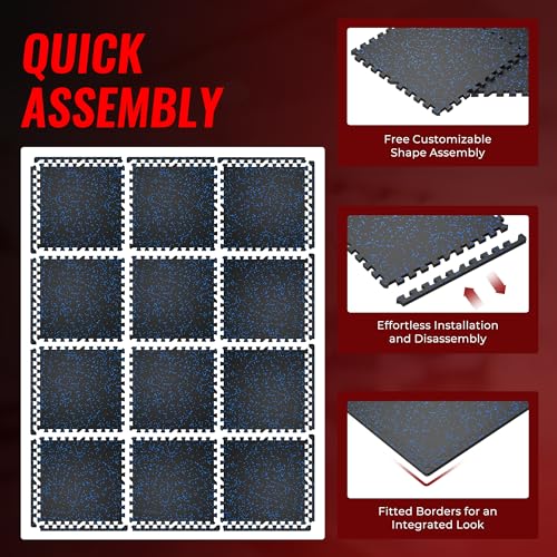 SUPERJARE 0.79'' Extra-Thick Exercise Equipment Mats, 12 Pcs 48 Sq Ft Rubber Top Floor Tiles with High Density EVA Foam, Interlocking Gym Flooring for Home Gym, Workout Mat, Black/Blue - size: 12 Tiles (48 Sq Ft)