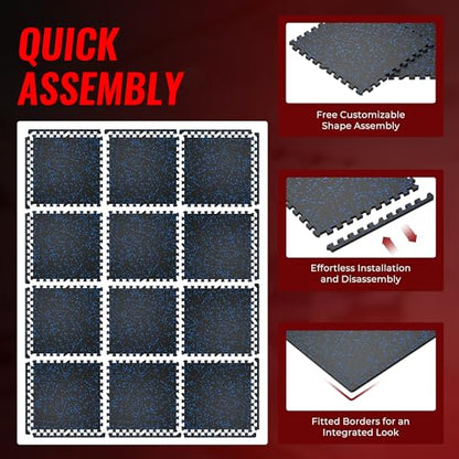 SUPERJARE 0.79'' Extra-Thick Exercise Equipment Mats, 12 Pcs 48 Sq Ft Rubber Top Floor Tiles with High Density EVA Foam, Interlocking Gym Flooring for Home Gym, Workout Mat, Black/Blue - size: 12 Tiles (48 Sq Ft)