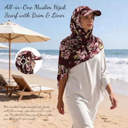 ZLYC Women Muslim Hijab Scarf with Visor Built-in Undercap Sun Protection Headwrap - color: Floral Burgundy