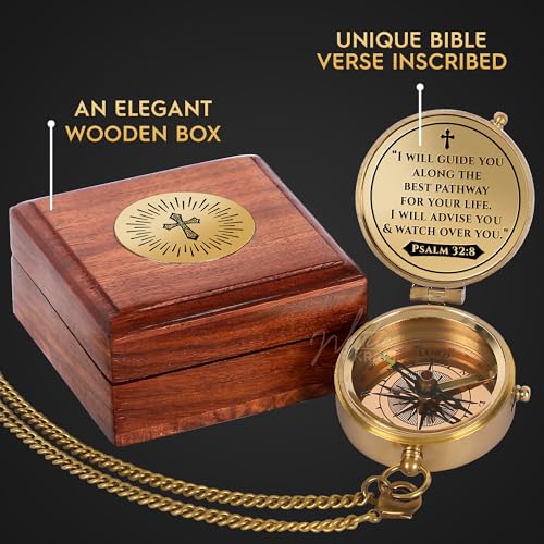 Engraved Brass Pocket Compass Gift - Psalm 32:8, First Communion Gifts, Baptism Gifts for Boys, Confirmation Gifts, Gifts for Men, Catholic Religious Christian Easter Gifts for Kids