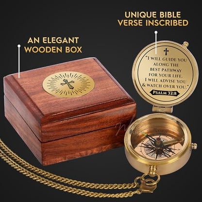Engraved Brass Pocket Compass Gift - Psalm 32:8, First Communion Gifts, Baptism Gifts for Boys, Confirmation Gifts, Gifts for Men, Catholic Religious Christian Easter Gifts for Kids