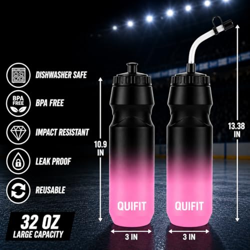 QuiFit Hockey Water Bottle with Long Straw -32oz Lacrosse Water Bottle 2 Pack with 2 Lids Each- BPA Free Squeeze Sports Water Bottles, Leakproof Dishwasher Safe- for Helmet,Lacrosse (Black Pink) - color: Black Pink