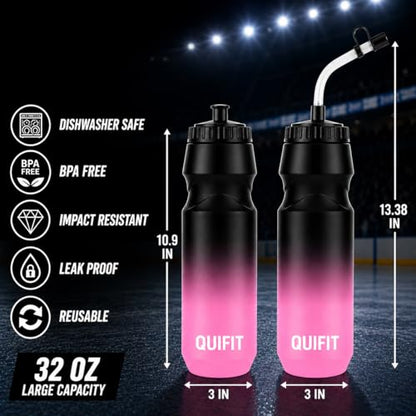 QuiFit Hockey Water Bottle with Long Straw -32oz Lacrosse Water Bottle 2 Pack with 2 Lids Each- BPA Free Squeeze Sports Water Bottles, Leakproof Dishwasher Safe- for Helmet,Lacrosse (Black Pink) - color: Black Pink