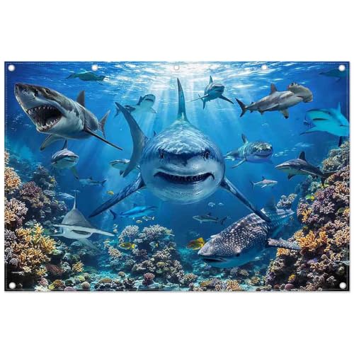 12x8ft Shark Theme Under the Sea Photography Backdrop | Underwater World, Kids Party Supplies, Aquarium Coral Reef Shallows Banner, Deep Ocean Photo Booth, Polyester, Grommets, 1PC - size: 12'x8'