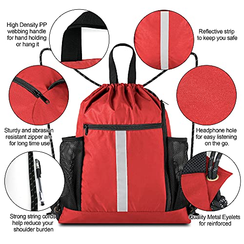 BeeGreen Red Drawstring Backpack Gymsack Bag with Shoe Compartment and Two Side Mesh Pockets Lightweight Durable Sports Cinch Sackpack 1 Pack for Women Men Workout Swim - color: Red, style: Drawstring With Shoe Compartment