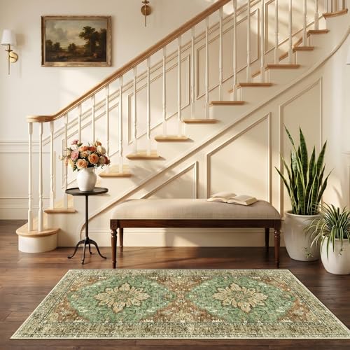 RELEANY Washable Area Rug, Runner 2'6"x5', Brick/Brown/Green - color: Brick/Brown/Green, size: 2'6" x 5' (Rectangular)