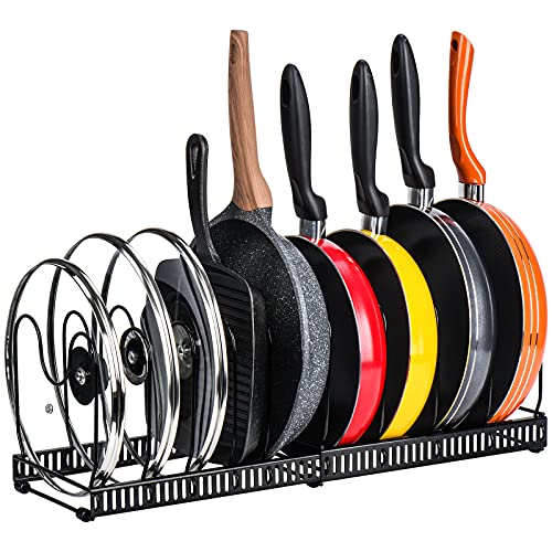 Toplife Pots and Pans Organizer Rack for Cabinet and Countertop, 10+ Pot Lids, Bakeware and Cookware Holder with 10 Adjustable Compartments - Black - color: Black, size: Pot & Pan Organizer