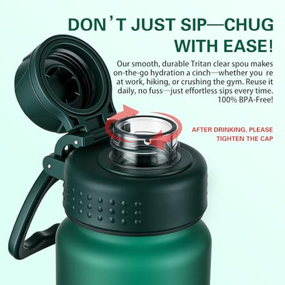 OLDLEY 32oz Water Bottle with Handle, BPA-Free Tritan Reusable Sports Water Bottle with Leak-Proof Dust Lid, Wide Mouth, Cup Holder Friendly, Half Frosted Clear Bottle for Gym,Travel, Work,Teal Green - color: Teal Green