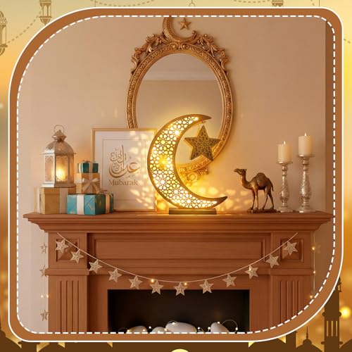 Cinnvoice Ramadan Decorations Moon Ramadan Lights for Table Home 2026, Crescent Lunar Moon Lamp for Eid Mubarak Decor Eid Ul Fitr Lamp Gifts Bedroom Livingroom(Wooden,Classic Style) - style: Classic Style