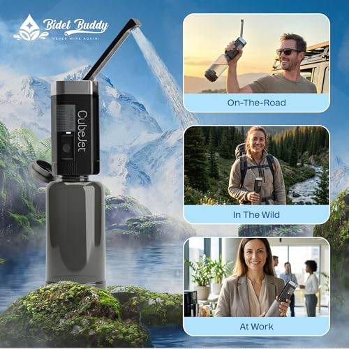 BIDET BUDDY® CubeJet 여행용 휴대용 비데 - 380ml 병, 1100mAh 충전식 배터리, IPX6 방수 지팡이 스타일 노즐, 캠핑 및 가정용 USB-C 고압 위생 장치