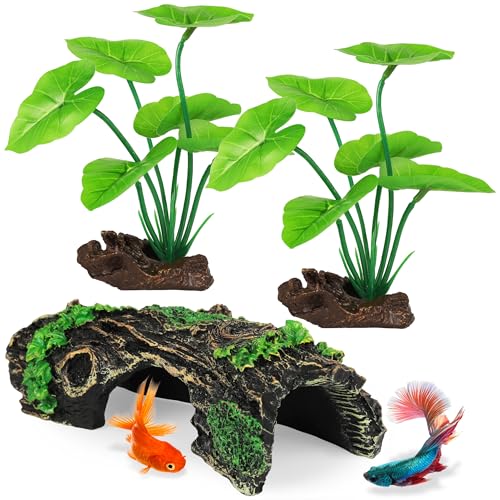 MyLifeUNIT Fish Tank Decor, Silk Aquarium Plants and Hollow Tree Trunk Decor for Betta, Goldfish, Turtle, Reptile Decoration
