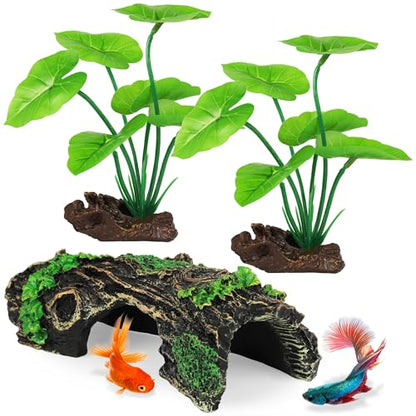 MyLifeUNIT Fish Tank Decor, Silk Aquarium Plants and Hollow Tree Trunk Decor for Betta, Goldfish, Turtle, Reptile Decoration