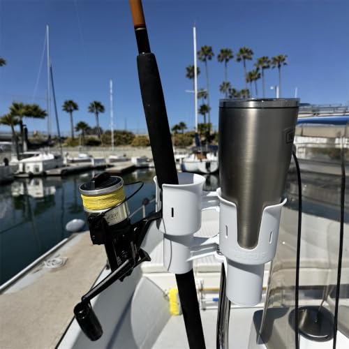 (White), Patented Clamp On Boat Cup Holder |Multifunction Dual Drink Caddy for Fishing Poles, Tools, Net, Gaff |Portable Storage for Boating, Beach, Umbrellas, Golf Carts, Strollers - color: White, size: Standard Spring
