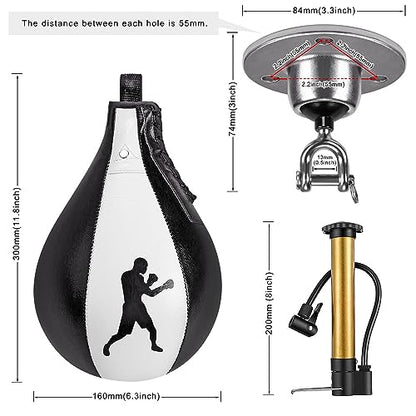 Benelabel Boxing Speed Bag with 360° Swivel Mount Premium Leather Boxing Speed Bag with Hanger and Inflator - Easy to Install and Use - Improve Your Speed and Reflexes - color: White and Black Speed Bag with Swivel