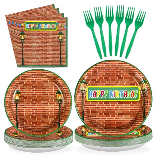 Grencian 96 Red Brick Wall Street Party Supplies Modern Cartoon Sesame Plates and Napkins Tableware Sets Sesame Birthday Disposable Plate for Kids Birthday Baby Shower Serves 24 - style: Sesame Birthday