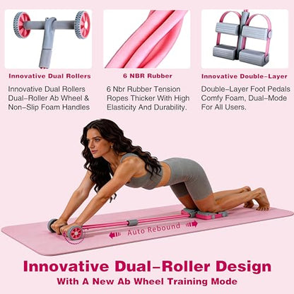Resistance Bands with Handles, 6 Tube Pedal Resistance Band for Exercise, Dual Pedal Adjustable Resistance, Ab Roller Handle Full Body Home Workout Equipment for Abs, Legs, Arms, Women - color: PINK