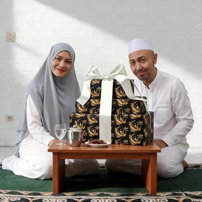 Altarho Eid Wrapping Paper Roll - Black Gold Crescent Moon Mosque Islamic Eid Mubarak Gift Wrap Design for Muslim Festival Holiday Celebration Total 28.5 sq.ft