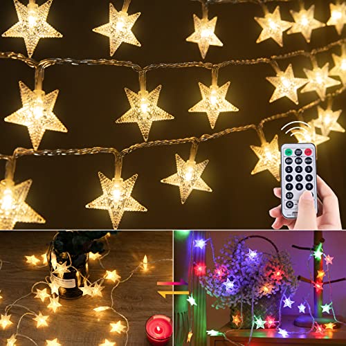 Star String Lights Plug in - 33 ft 100 LED Star Fairy String Lights with Remote and Timer, Waterproof for Bedroom Porch Wedding Party Patio Garden Tent Indoor Outdoor Décor, Warm White, Multicolor - color: Warm White + Multicolor - 33ft