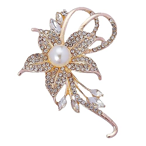 Crystal Pearl Flower Brooches Pins Fashion Beautiful Created Rhinestone Floral Brooch Good Idea for Party Dance Wedding Banquet for Elegant Women Girl - color: Gold Flower