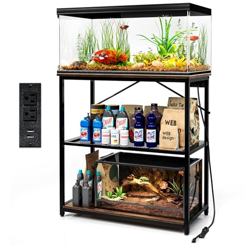 TC-HOMENY Fish Tank Stand 10,20,29,37 Gallon, Aquarium Stand with adjustable shelf,1000LB Capacity ,31" L x 16" W Metal Reptile Tank Stand, Double Storage Design Adjustable Boards, Brown