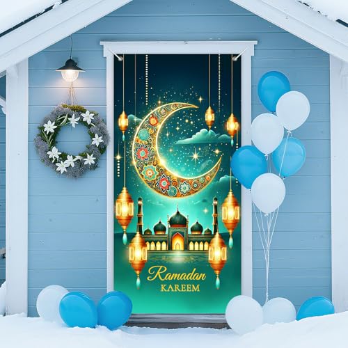 IVN Ramadan Kareem Crescent Moon Door Cover 71 x 35 Inches Teal and Gold Front Door Banner Islamic Lantern Mosque Holiday Backdrop Indoor And Outdoor Religious Holiday Decor - color: Ramadan Kareem Green Crescent