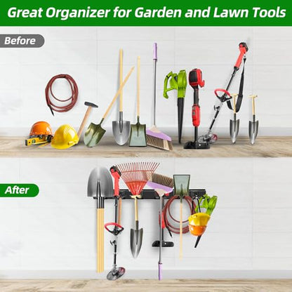 PIYILO Garage Organization, Garage Wall Organizer with 48 inches Rails and 6 Hooks, Tool Organizers Heavy Duty, Shovel Holder Wall Mount Max Load 360 LBS, Sturdy Garden Tool Rack for Folding Chairs - size: 48 inch 6-Hook