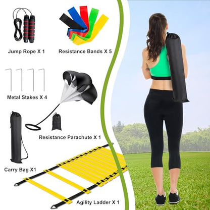 Soccer Training Equipment Set, 20 Feet 12 Rungs Pro Speed & Agility Ladder, Resistance Parachute, Jump Rope, 5 Resistance Bands with Carrying Bag