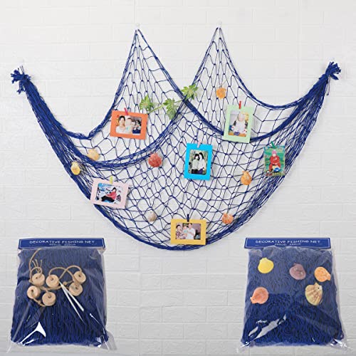 Fish Net Decorations for Party, Natural Cotton Hawaiian Party Large Fishing Net Decorative 78 x 59 Inch, Nautical Themed Cotton Fishnet with 9 Shells for Birthday Wedding Ocean Beach Decor - color: Blue
