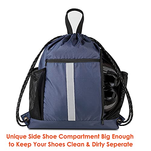 BeeGreen Gym-Drawstring-Backpack-Bag With Shoe Compartment and Two Water Bottle Holder Large String Backpack Sports Bag Athletic Sackpack For Men Women - color: Navy, style: Drawstring With Shoe Compartment